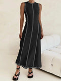 Contrast Stitching Round Neck Sleeveless Midi Dress - Trendsi - Flyclothing LLC