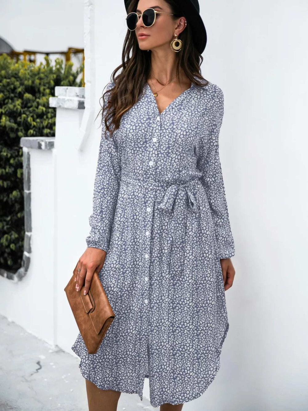 Button Down Printed Long Sleeve Shirt Dress - Trendsi - Flyclothing LLC