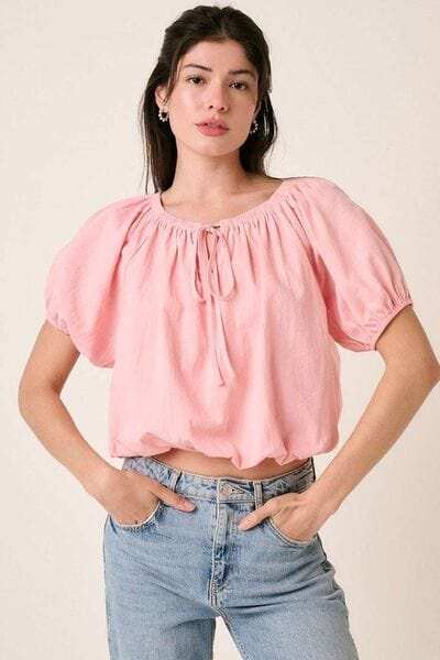 Mittoshop Linen Two-Way Short Sleeve Crop Blouse - Trendsi - Flyclothing LLC