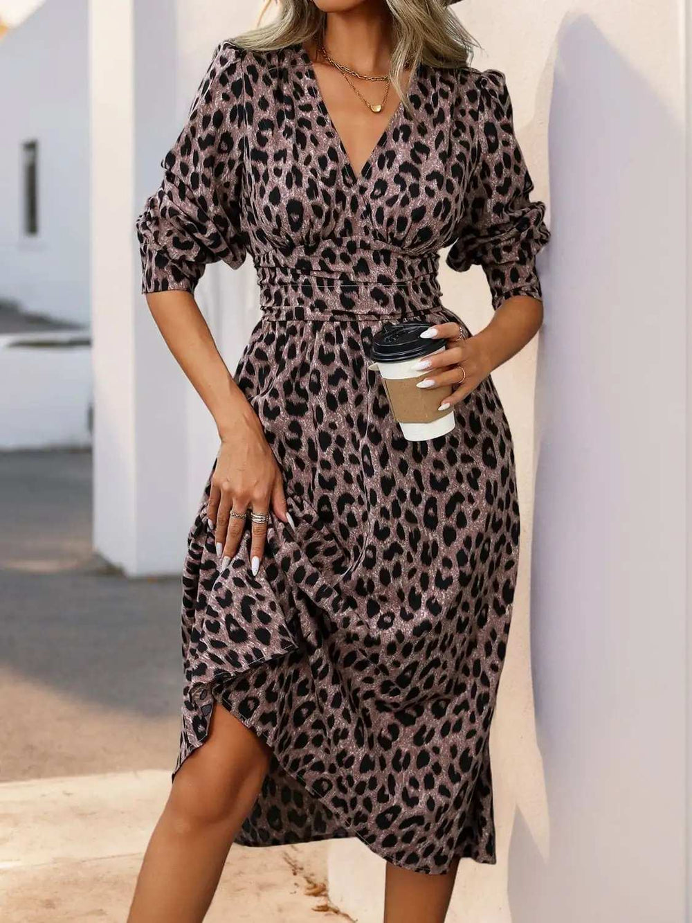 Perfee Leopard Surplice Long Sleeve Midi Dress - Trendsi - Flyclothing LLC