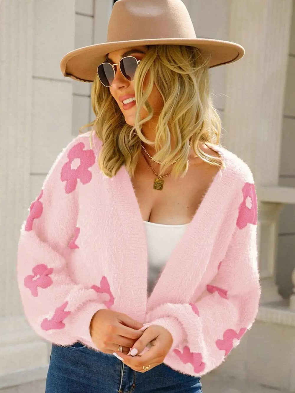 Angel Wings Flower Open Front Long Sleeve Cardigan - Trendsi - Flyclothing LLC