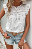 Eyelet Round Neck Cap Sleeve Blouse - Trendsi - Flyclothing LLC