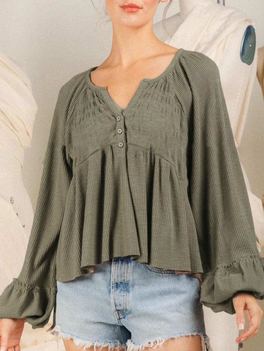 Notched Balloon Sleeve Peplum Blouse - Trendsi - Flyclothing LLC