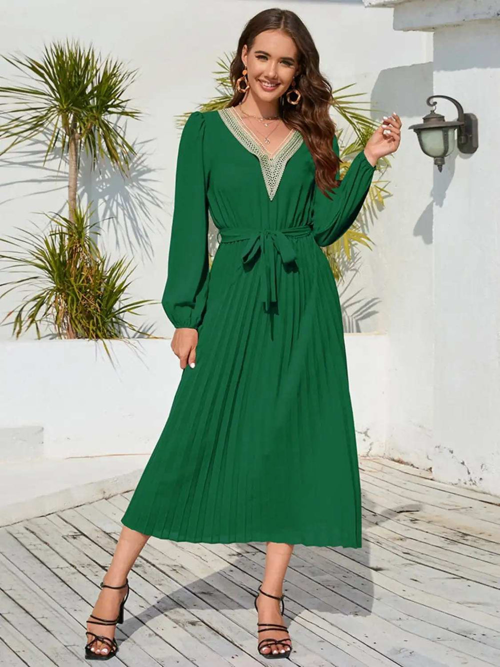 V-Neck Long Sleeve Pleated Dress - Trendsi - Flyclothing LLC