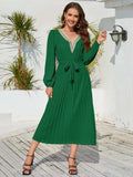 V-Neck Long Sleeve Pleated Dress - Trendsi - Flyclothing LLC