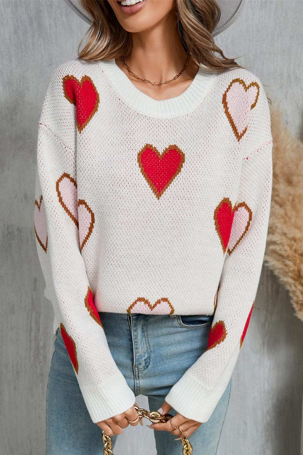 Angel Wings Contrast Heart Round Neck Long Sleeve Sweater - Trendsi - Flyclothing LLC