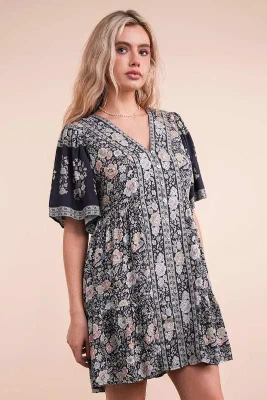 VERY J Shirring Detail Printed Woven Mini Dress - Trendsi - Flyclothing LLC