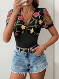 Perfee Embroidered V-Neck Floral Bodysuit - Trendsi - Flyclothing LLC