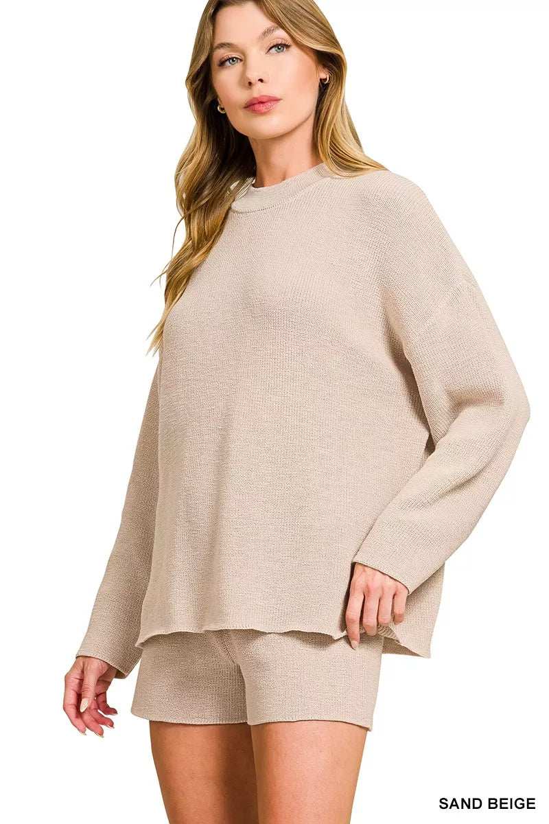 Zenana Round Neck Knit Top and Shorts Sweater Set - Trendsi - Flyclothing LLC