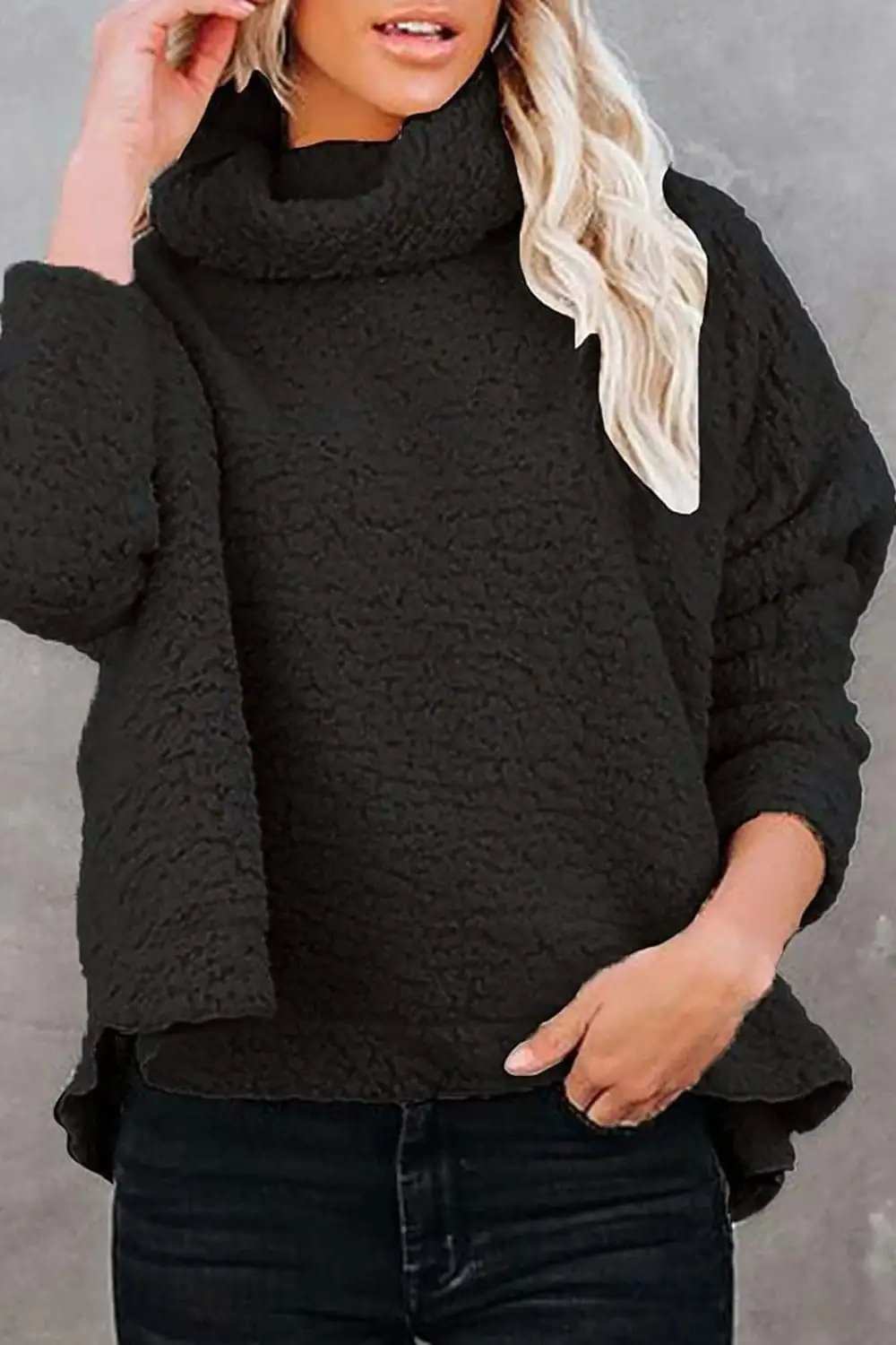 Fuzzy Turtleneck Long Sleeve Sweatshirt - Trendsi - Flyclothing LLC