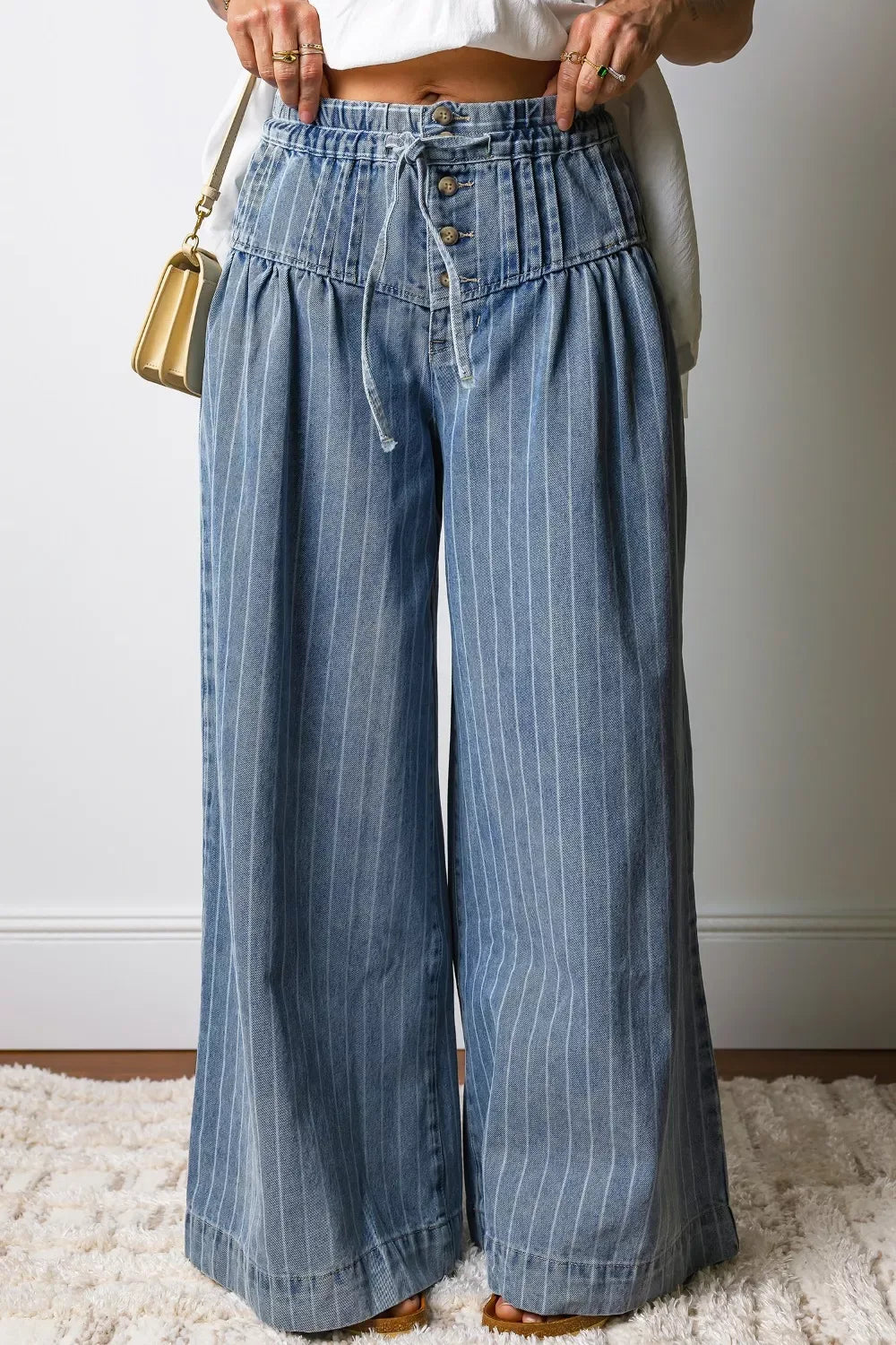 Stripe Button Pleated Drawstring Waist Casual Wide Leg Jeans - Trendsi - Flyclothing LLC