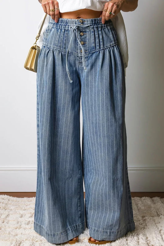 Stripe Button Pleated Drawstring Waist Casual Wide Leg Jeans - Trendsi - Flyclothing LLC