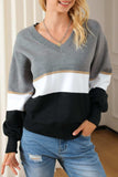 Color Block V Neck Long Sleeve Sweater - Trendsi - Flyclothing LLC