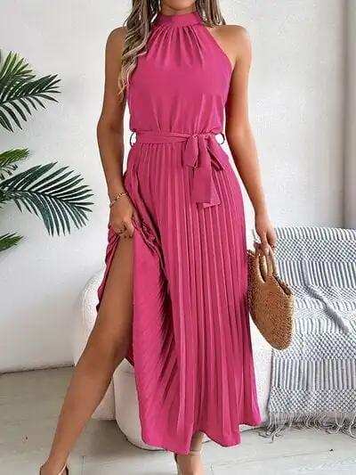 Pleated Tie Waist Sleeveless Midi Dress - Trendsi - Flyclothing LLC