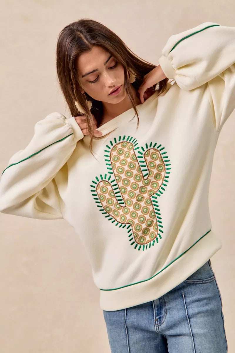 BiBi Cactus Embroidered Fleece Sweatshirt - Trendsi - Flyclothing LLC
