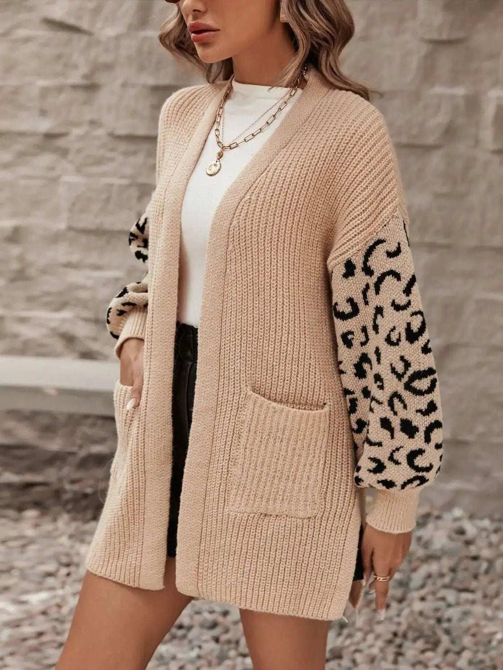 Pocketed Leopard Open Front Cardigan - Trendsi - Flyclothing LLC