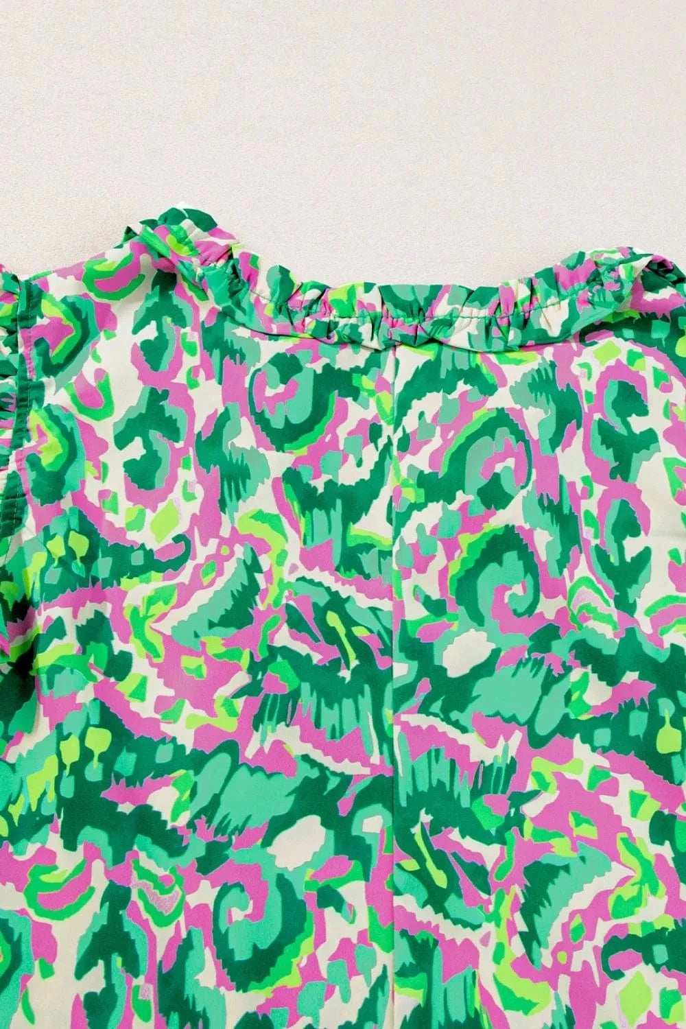 Abstract Print Ruffled Trim Tie Neck Top - Trendsi - Flyclothing LLC