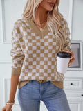 Checkered V-Neck Dropped Shoulder Sweater - Trendsi - Flyclothing LLC