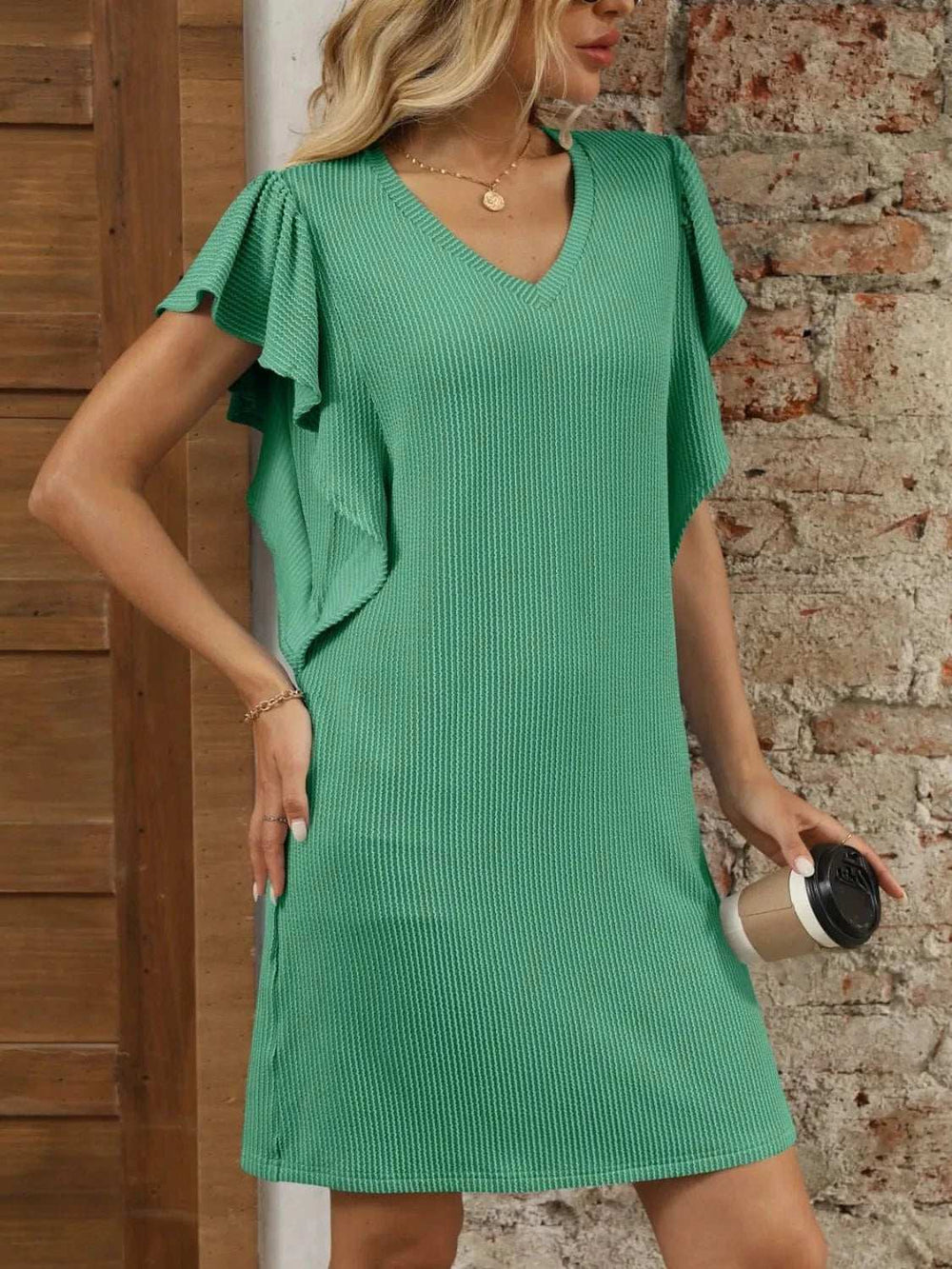 Ruffled V-Neck Cap Sleeve Mini Dress - Trendsi - Flyclothing LLC