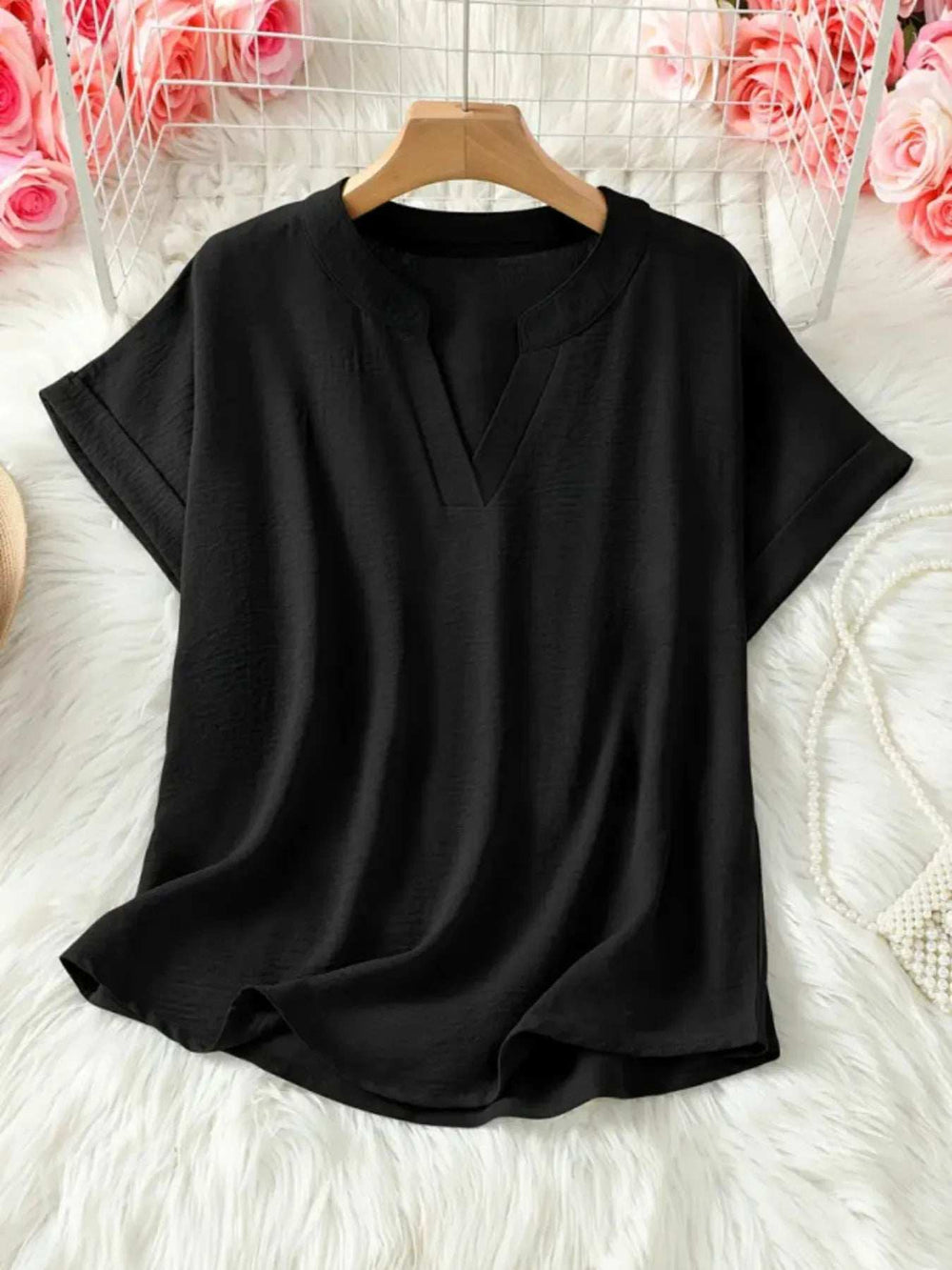 Casual Notched Short Sleeve Blouse - Trendsi - Flyclothing LLC