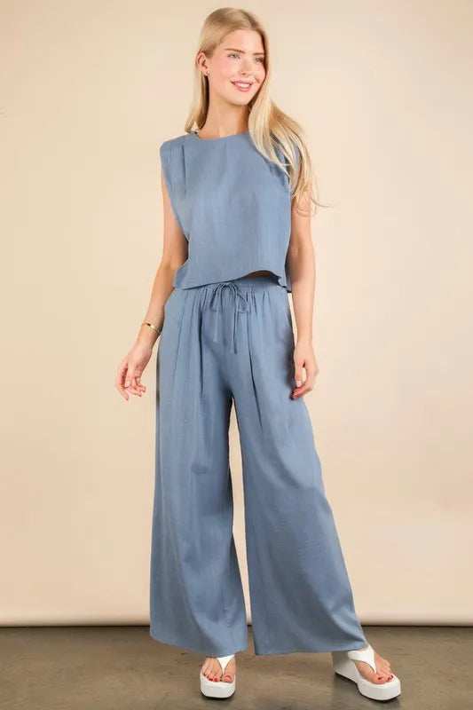 VERY J Solid Woven Top & Pants Set - Trendsi - Flyclothing LLC