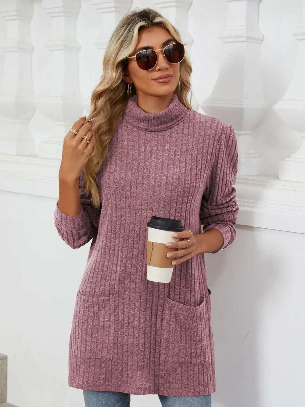 Slit Mock Neck Long Sleeve T-Shirt - Trendsi - Flyclothing LLC