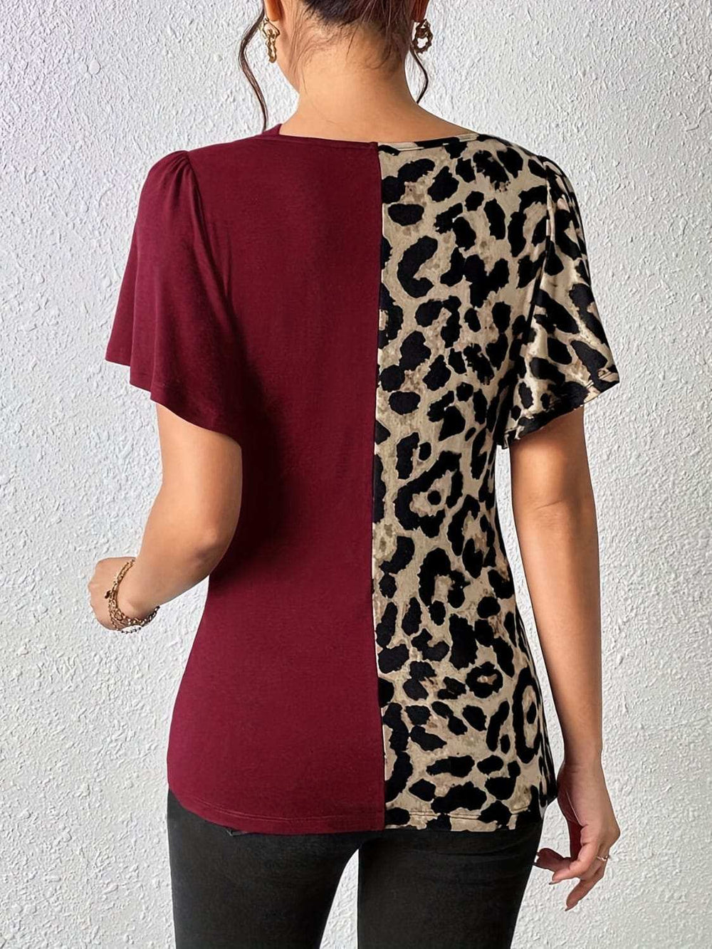 Ruched Leopard Flutter Sleeve T-Shirt - Trendsi - Flyclothing LLC