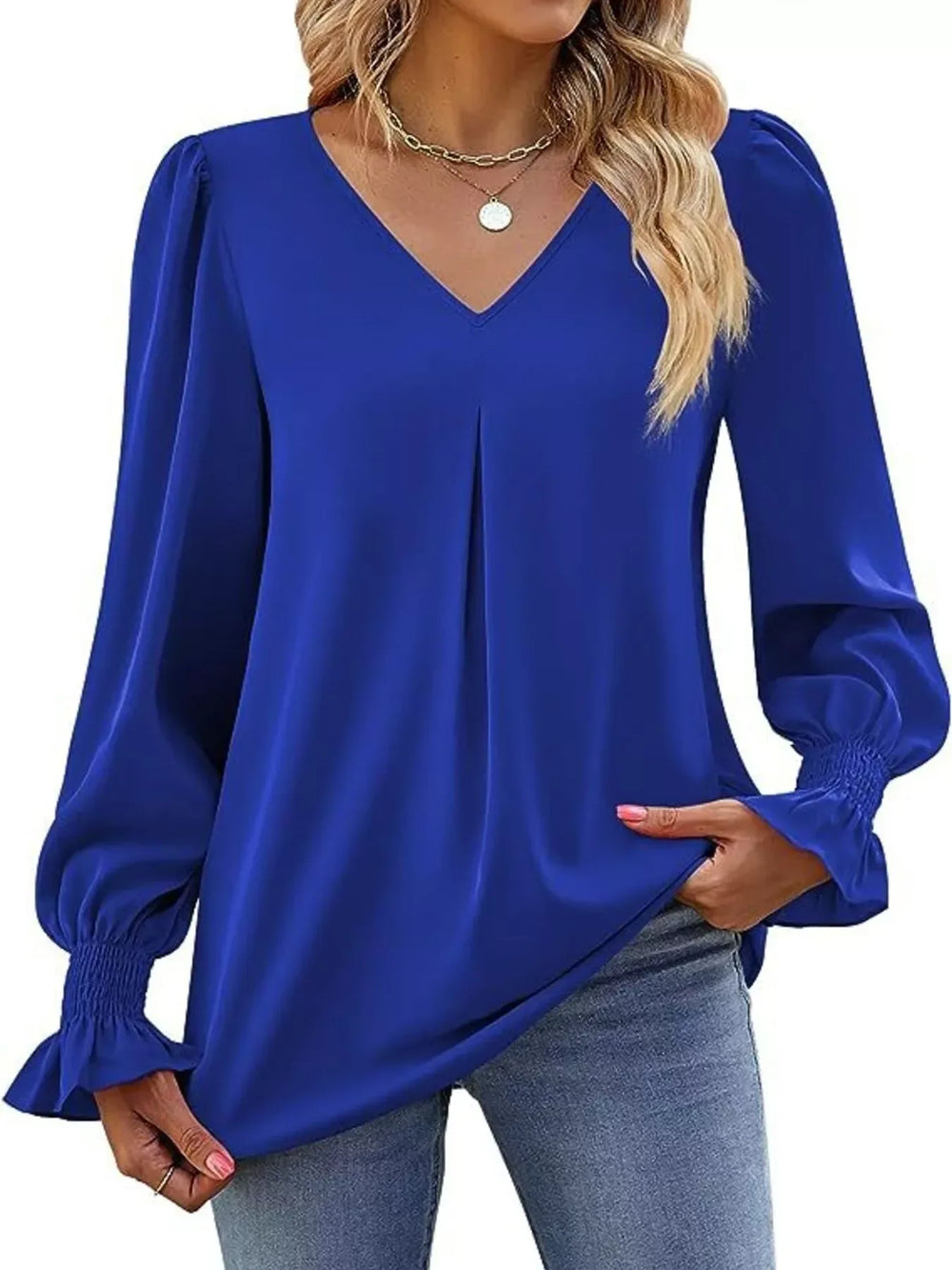 V-Neck Long Sleeve Ruffle Cuff Blouse - Trendsi - Flyclothing LLC