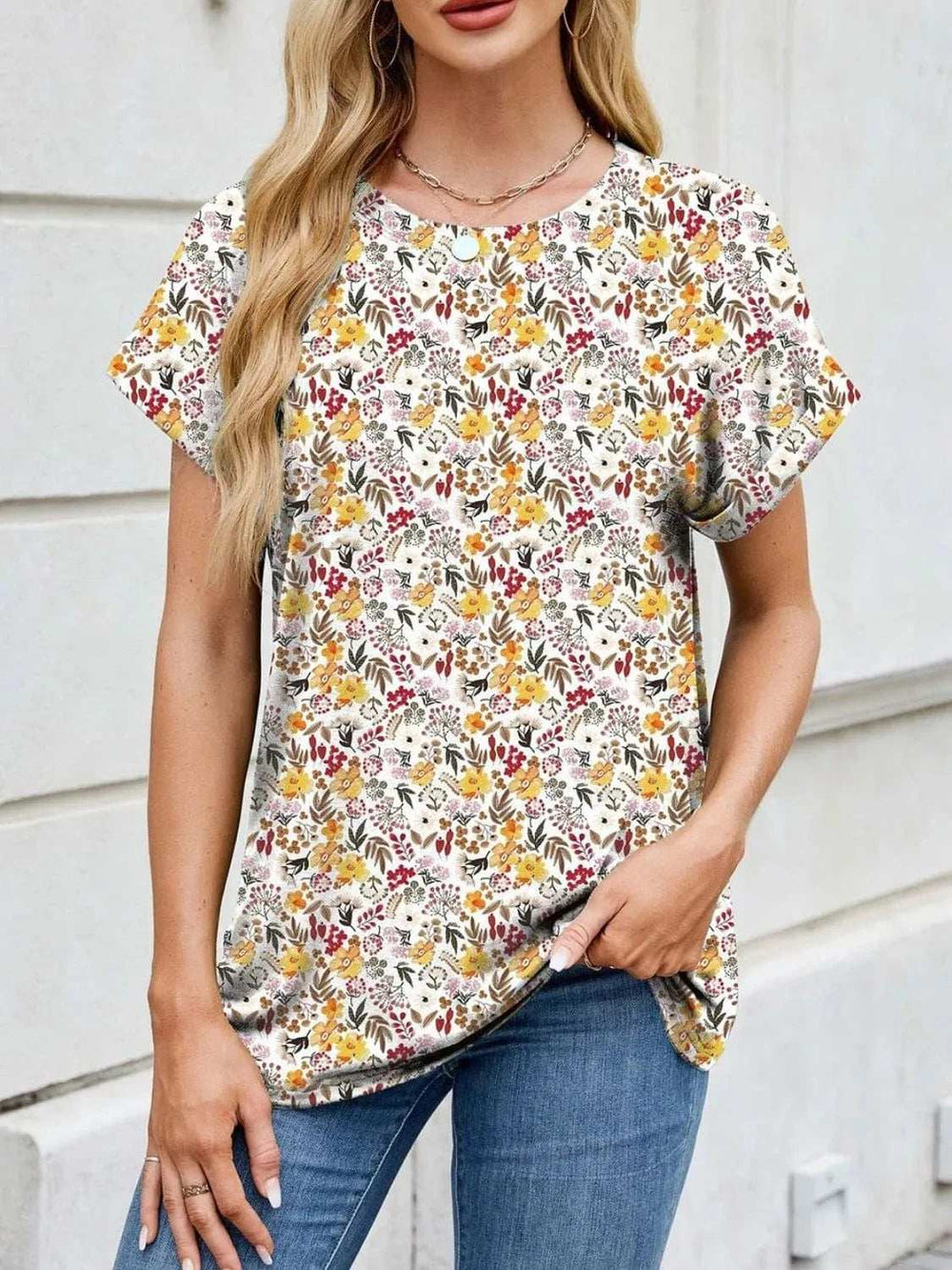 Printed Round Neck Short Sleeve Top - Trendsi - Flyclothing LLC