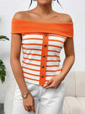 Decorative Button Striped Off-Shoulder Knit Top - Trendsi - Flyclothing LLC