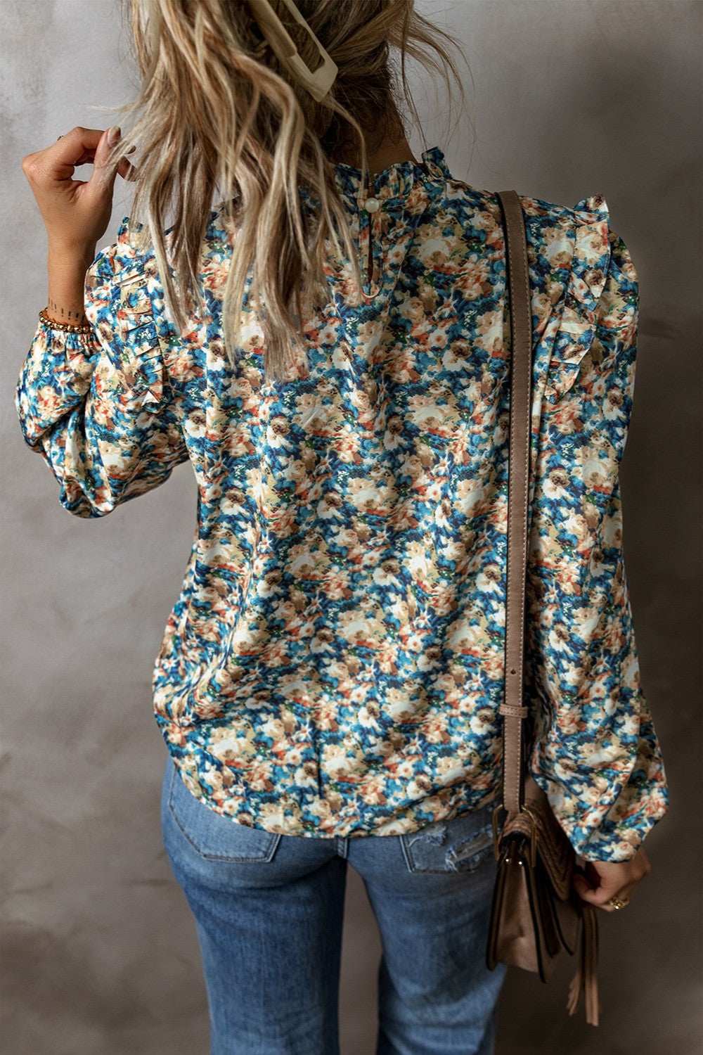 Frill Printed Mock Neck Long Sleeve Blouse - Trendsi - Flyclothing LLC