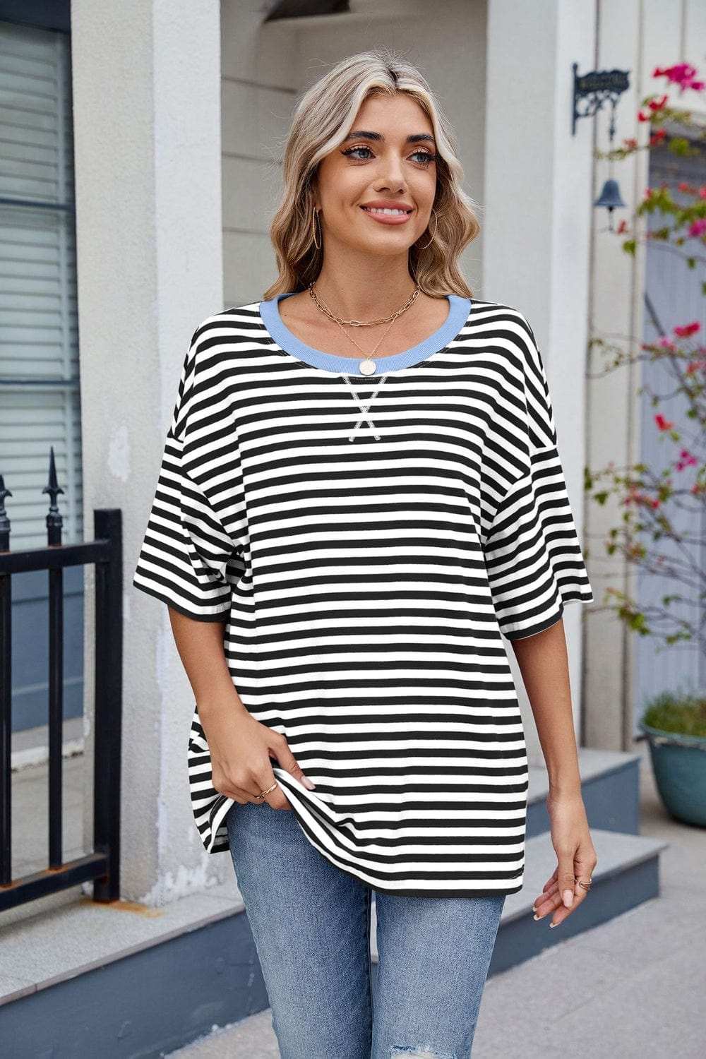 Contrast Striped Round Neck Half Sleeve T-Shirt - Trendsi - Flyclothing LLC