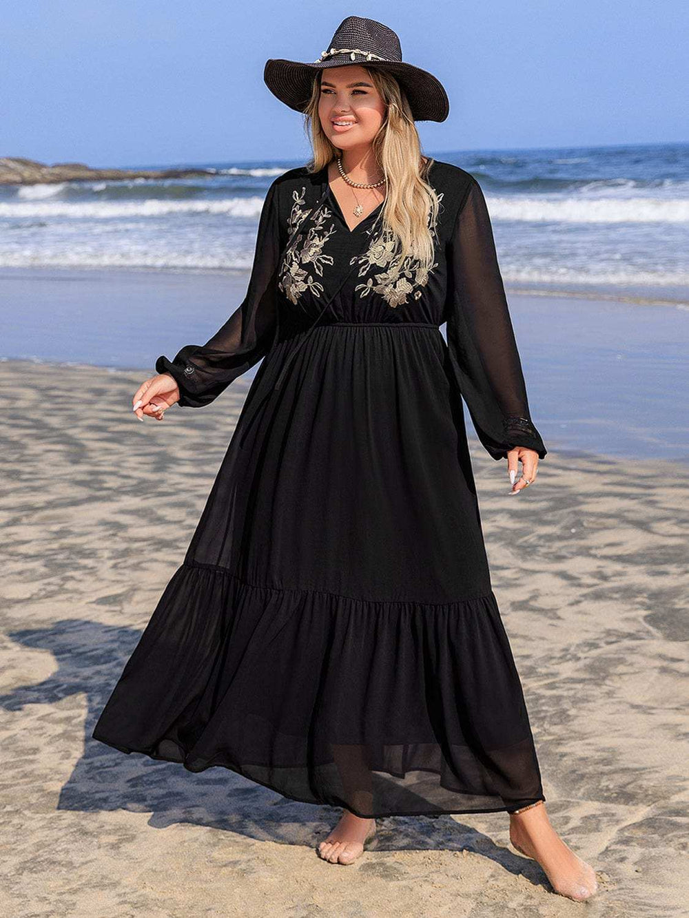 Plus Size Embroidered Tie Neck Long Sleeve Dress - Trendsi - Flyclothing LLC