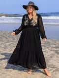 Plus Size Embroidered Tie Neck Long Sleeve Dress - Trendsi - Flyclothing LLC