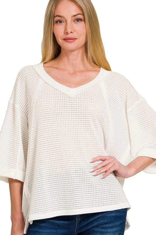 Zenana Brushed Waffle Exposed-seam 3/4 Sleeve Top - Trendsi - Flyclothing LLC