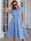 Plaid V-Neck Short Sleeve Midi Dress - Trendsi - Flyclothing LLC