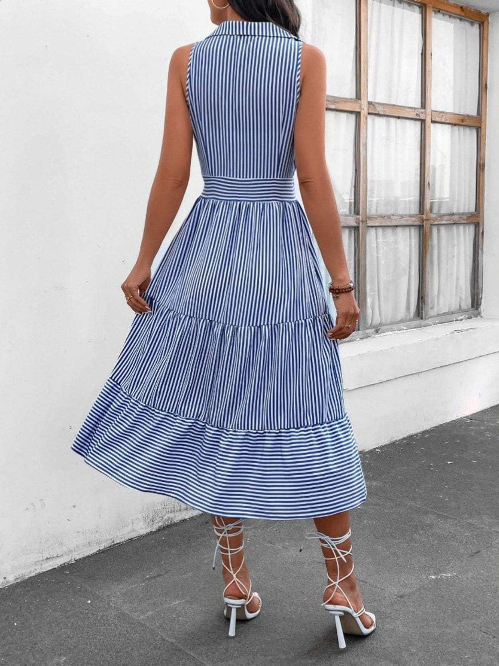 Striped Johnny Collar Sleeveless Midi Dress - Trendsi - Flyclothing LLC
