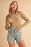 Aemi+Co Mock Neck Ribbed Knit Top with Crochet Sleeve - Trendsi - Flyclothing LLC