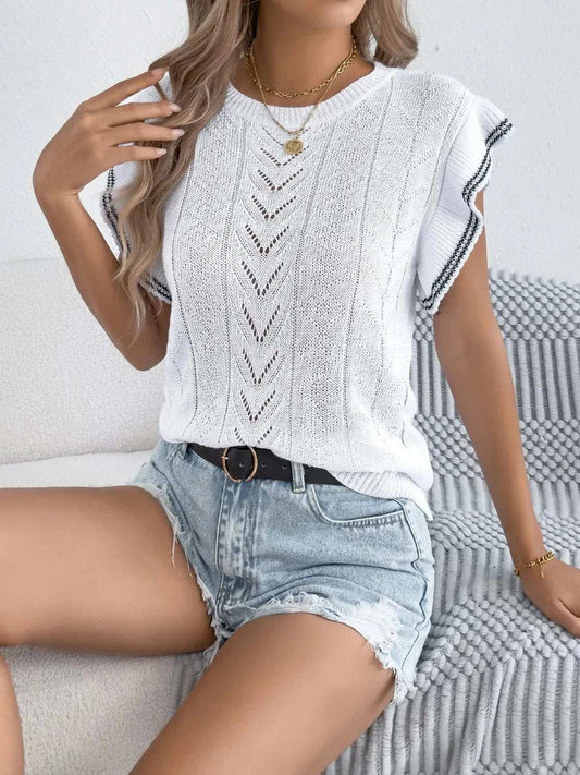 Openwork Round Neck Cap Sleeve Knit Top - Trendsi - Flyclothing LLC