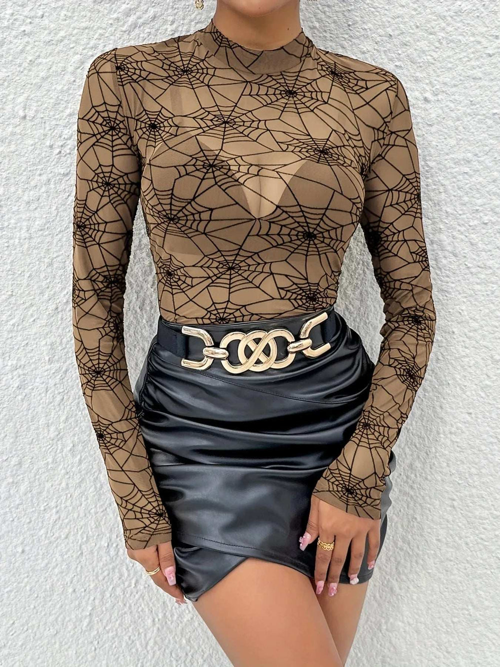 Spider Web Print Long Sleeve Blouse - Trendsi - Flyclothing LLC