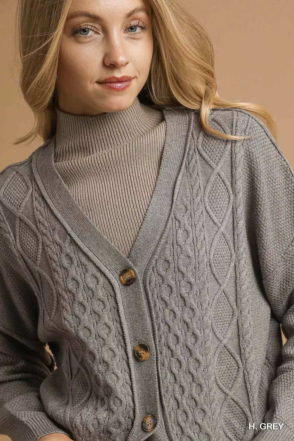 Umgee Chunky Cable Knit V-Neck Button-Up Cardigan - Trendsi - Flyclothing LLC