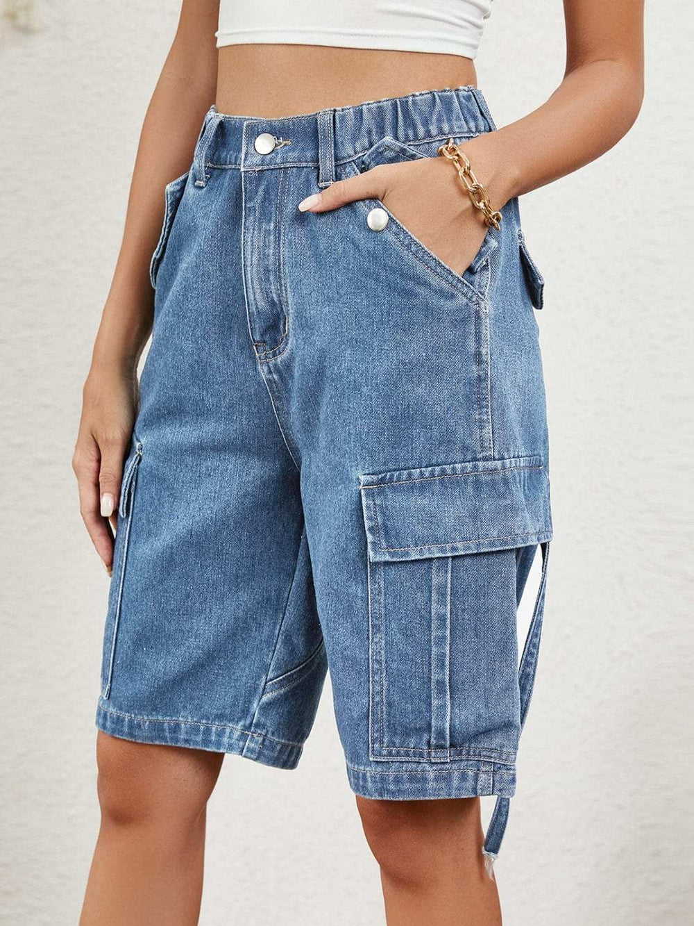 Buttoned Elastic Waist Denim Shorts with Pockets - Trendsi - Flyclothing LLC