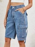 Buttoned Elastic Waist Denim Shorts with Pockets - Trendsi - Flyclothing LLC