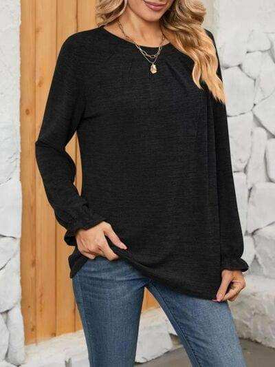 Ruched Round Neck Long Sleeve T-Shirt - Trendsi - Flyclothing LLC