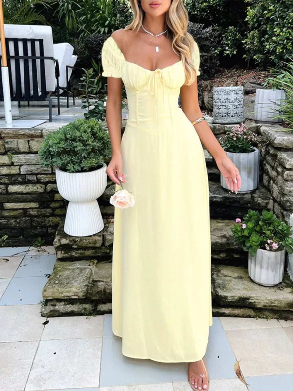 Devine Sweetheart Neck Short Sleeve Maxi Dress - Trendsi - Flyclothing LLC