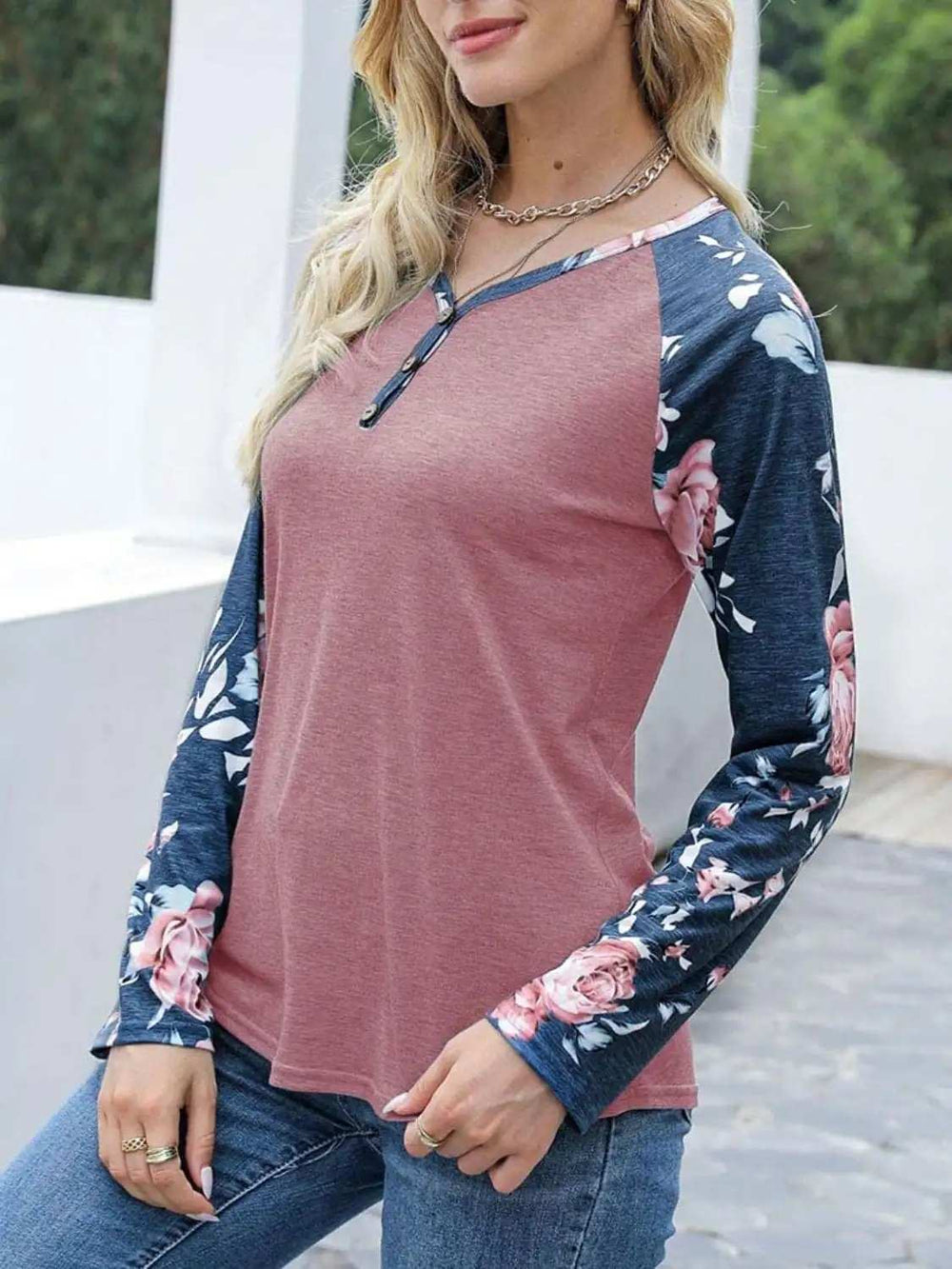 V-Neck Floral Long Sleeve T-Shirt - Trendsi - Flyclothing LLC