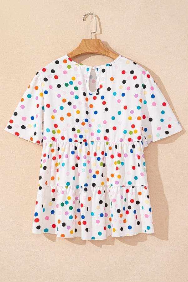Polka Dot Short Sleeve Tiered Ruffled Babydoll Blouse - Trendsi - Flyclothing LLC