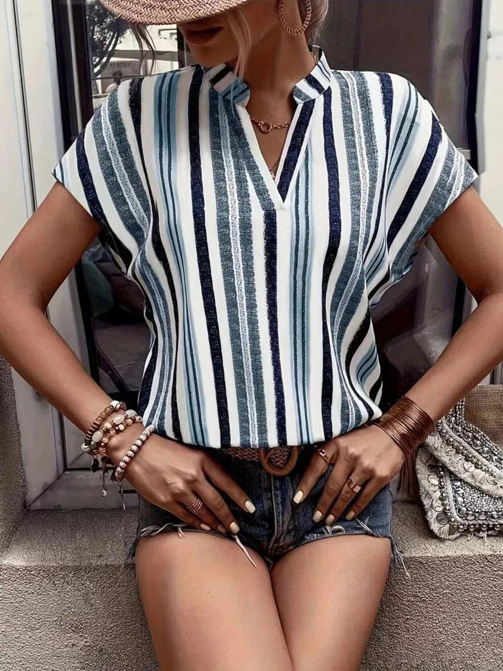 Striped Notched Short Sleeve Shirt - Trendsi - Flyclothing LLC