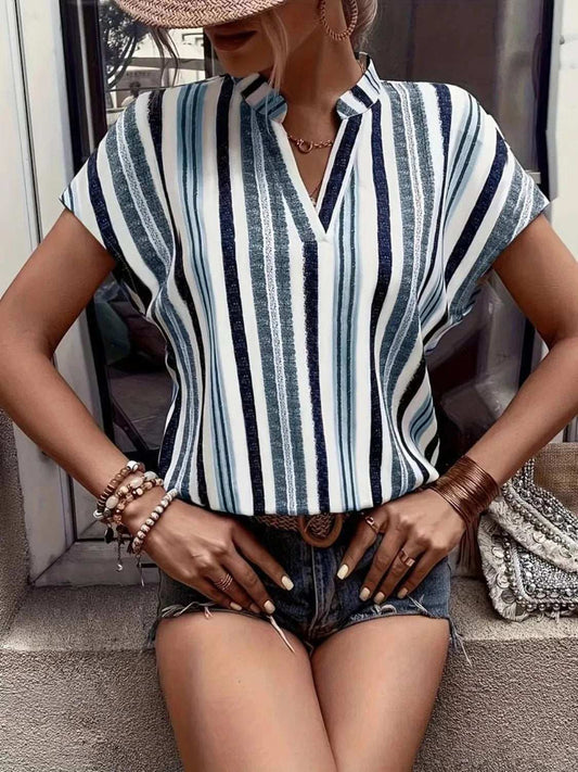 Striped Notched Short Sleeve Shirt - Trendsi - Flyclothing LLC