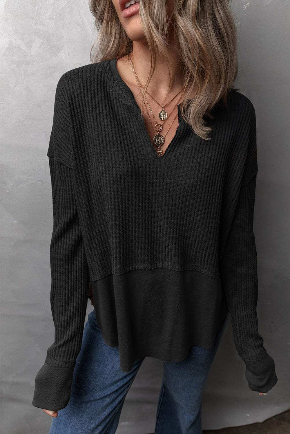 Waffle-Knit Exposed Seam Notched Long Sleeve Top - Trendsi - Flyclothing LLC